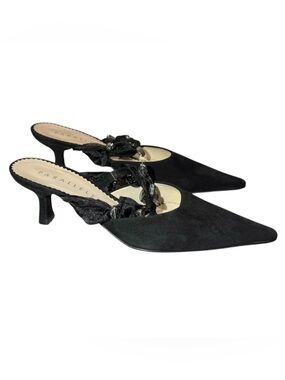 PARALLÈLE Paris Black Suede Heeled Mules Slip-On Shoes Size 7